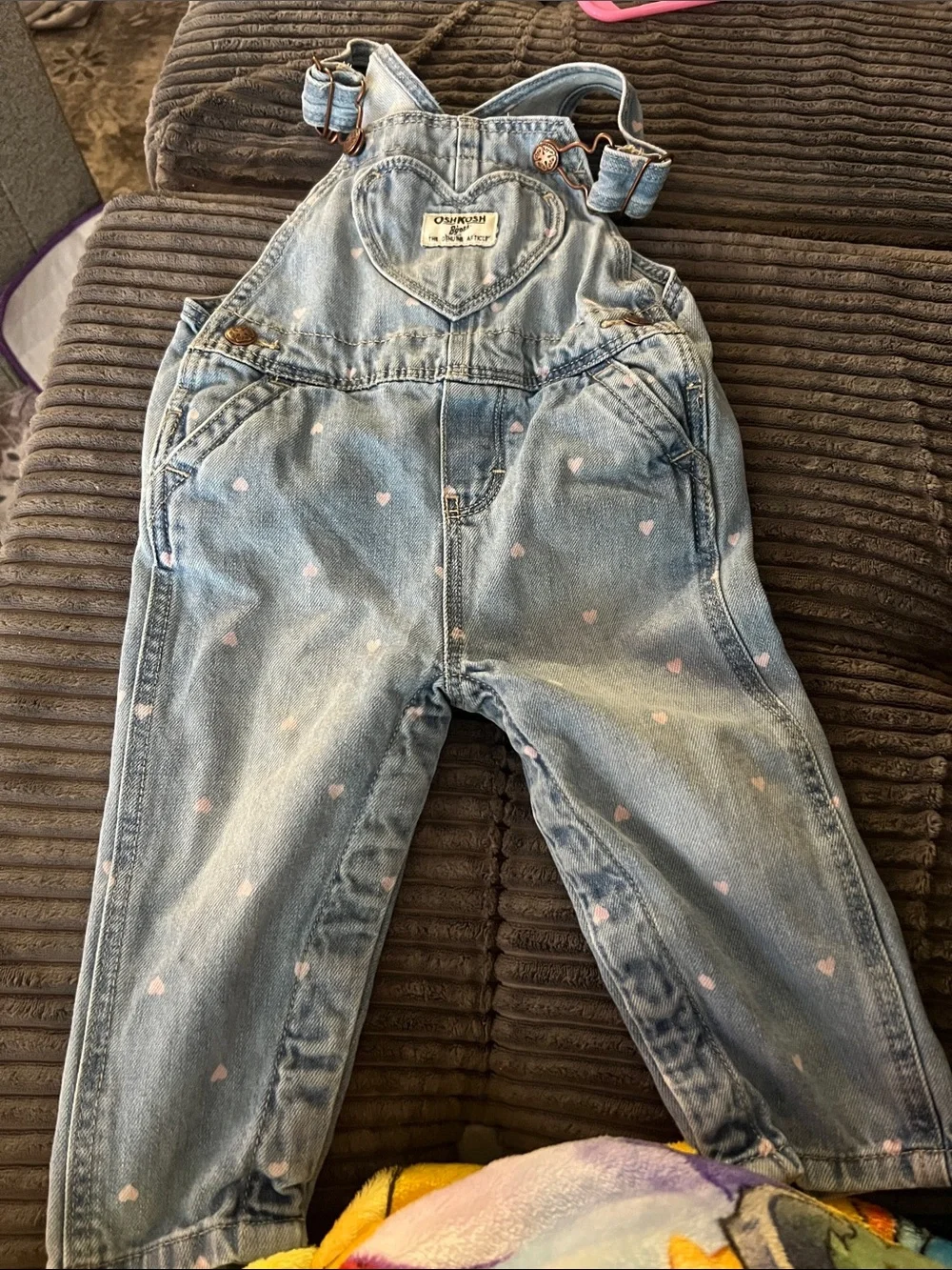 OshKosh B'gosh Light Blue Denim Heart Overalls with Pink Heart Print